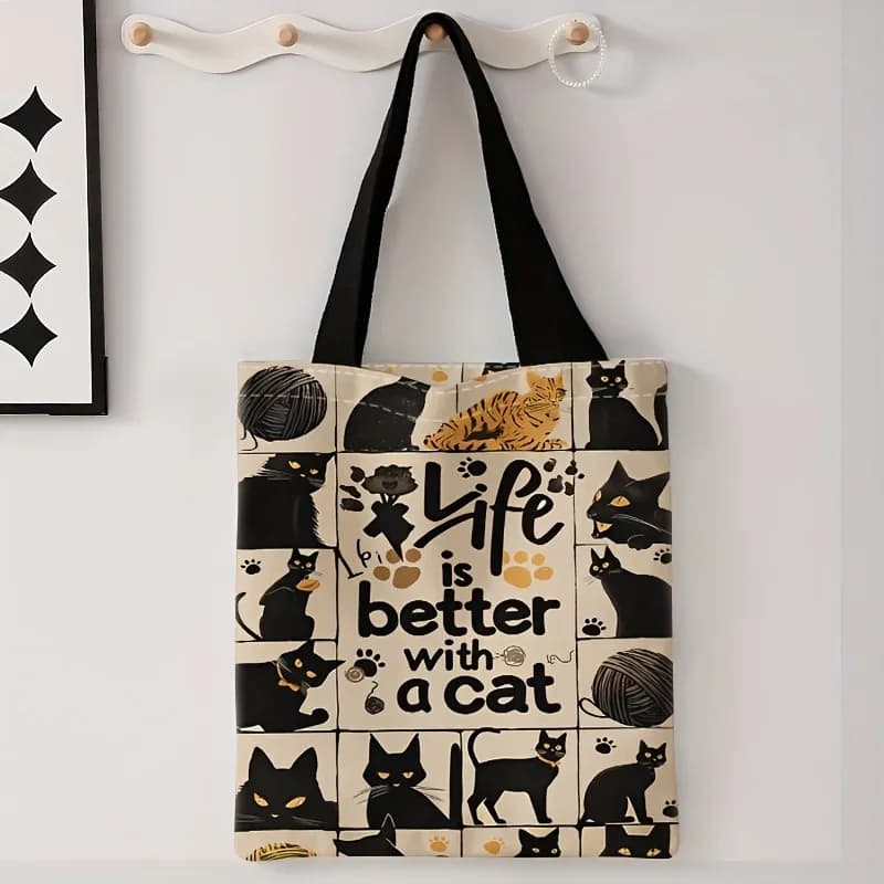 Borsa tote casual stampata con motivo gatto nero a quadretti Borsa per la spesa a spalla singola Borsa per la spesa riutilizzabile alla moda