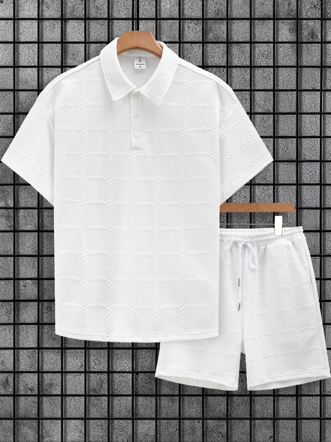 Set Estivo Casual da Uomo: Polo Bianca con Motivo Argyle e Pantaloncini con Coulisse, Completo 2 Pezzi