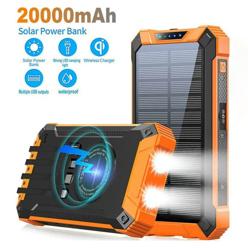 Portable Solar Power Bank 20000mAh Camping Essential Solar Power Bank Wireless Charge Built-in Cables for All Electronic Devices