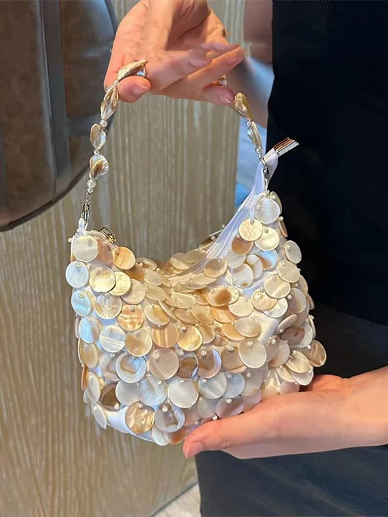 Sequin Beaded Tote Bags For Women Exquisite Handmade Shell Handle Crossbody Bag Summer Beach Vacation Casual Square Purses