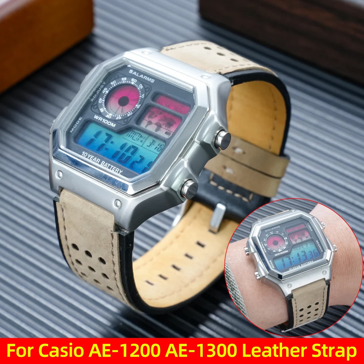 Retro Frosted Cow Leather Watch Band For Casio AE1200 AE-1200wh AE-1300 Small Square Watch Durable Convex Strap Replacement 18mm