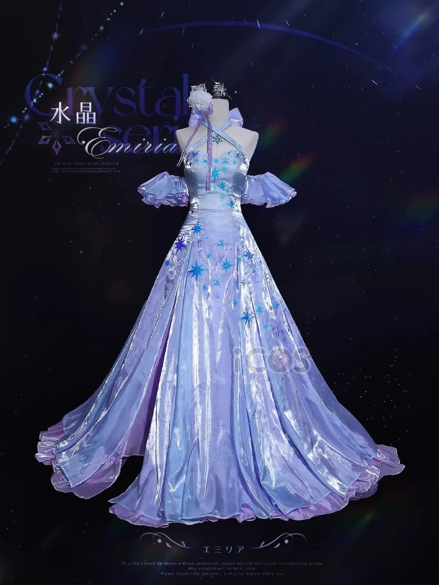 Emilia Rem Ice Crystal Formal Gown Cosplay Costume Women Elegant Party Dress Full Set with Accessories