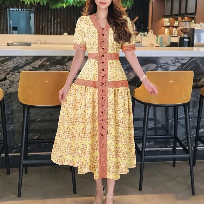 2026 ZANZEA Summer Beach Sundress Women Bohemian V Neck Short Sleeve Holiday Dresses Stylish Floral Patchwork Midi Dress Robe