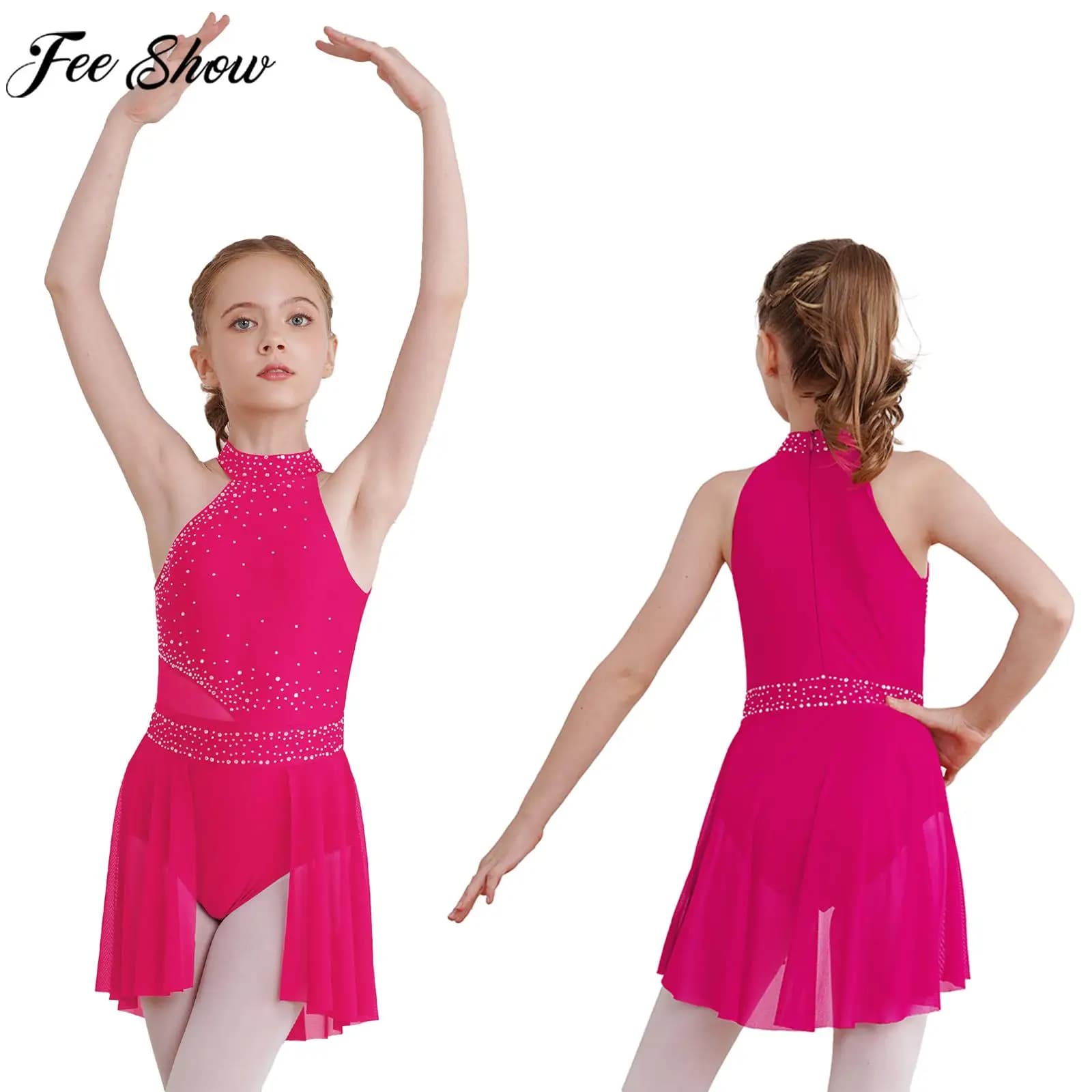 Body per danza lirica moderna per bambina, senza maniche, con strass lucidi, body in rete per pattinaggio, danza classica, ginnastica, acrobazie