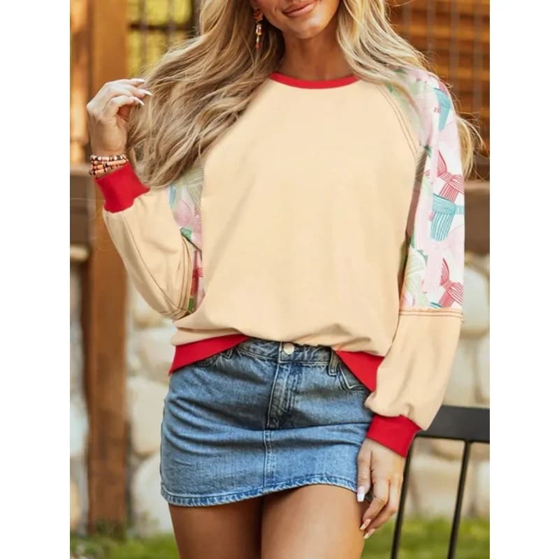 Felpa casual a maniche lunghe patchwork stampata girocollo alla moda da donna taglie forti 1XL-5XL