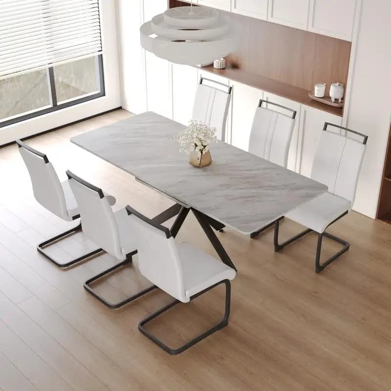 Set tavolo da pranzo allungabile per 6-8 persone con sedie imbottite morbide senza braccioli in tubo a forma di C e gambe in metallo - Cucina spaziosa