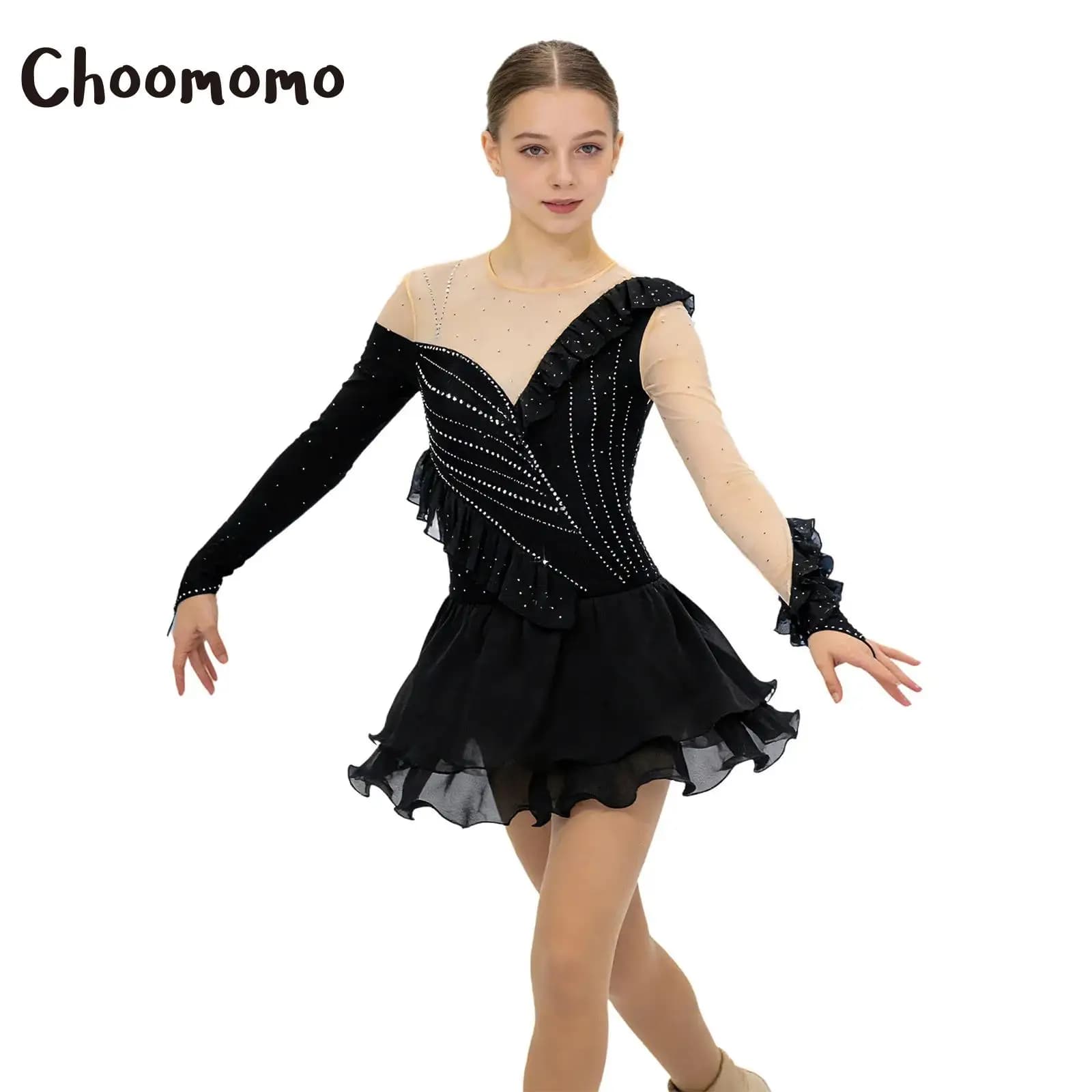 Body da donna con strass per pattinaggio artistico, in chiffon a balze e a blocchi di colore, per danza classica, latino e ginnastica