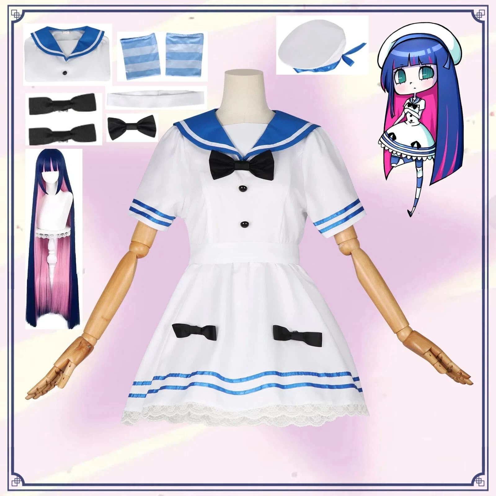 Costume Cosplay Anime Panty & Stocking con Parrucca, Calze, Accessori, Gonna JK, Uniforme da Marinaio, Outfit per Spettacoli di Halloween