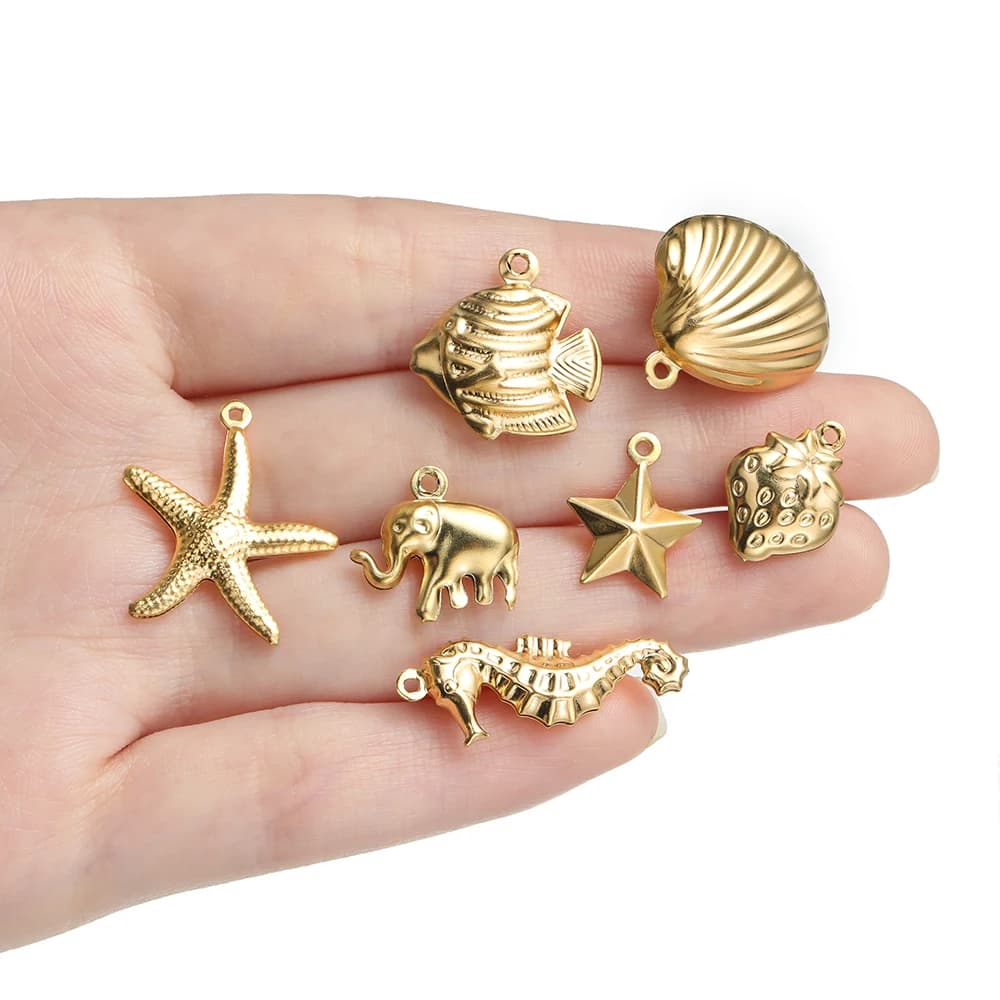 10pcs Gold Color Stainless Steel Ocean Pendant Starfish Shell Shape Pendants Charms for Necklace Earrrings Charm Jewelry Making