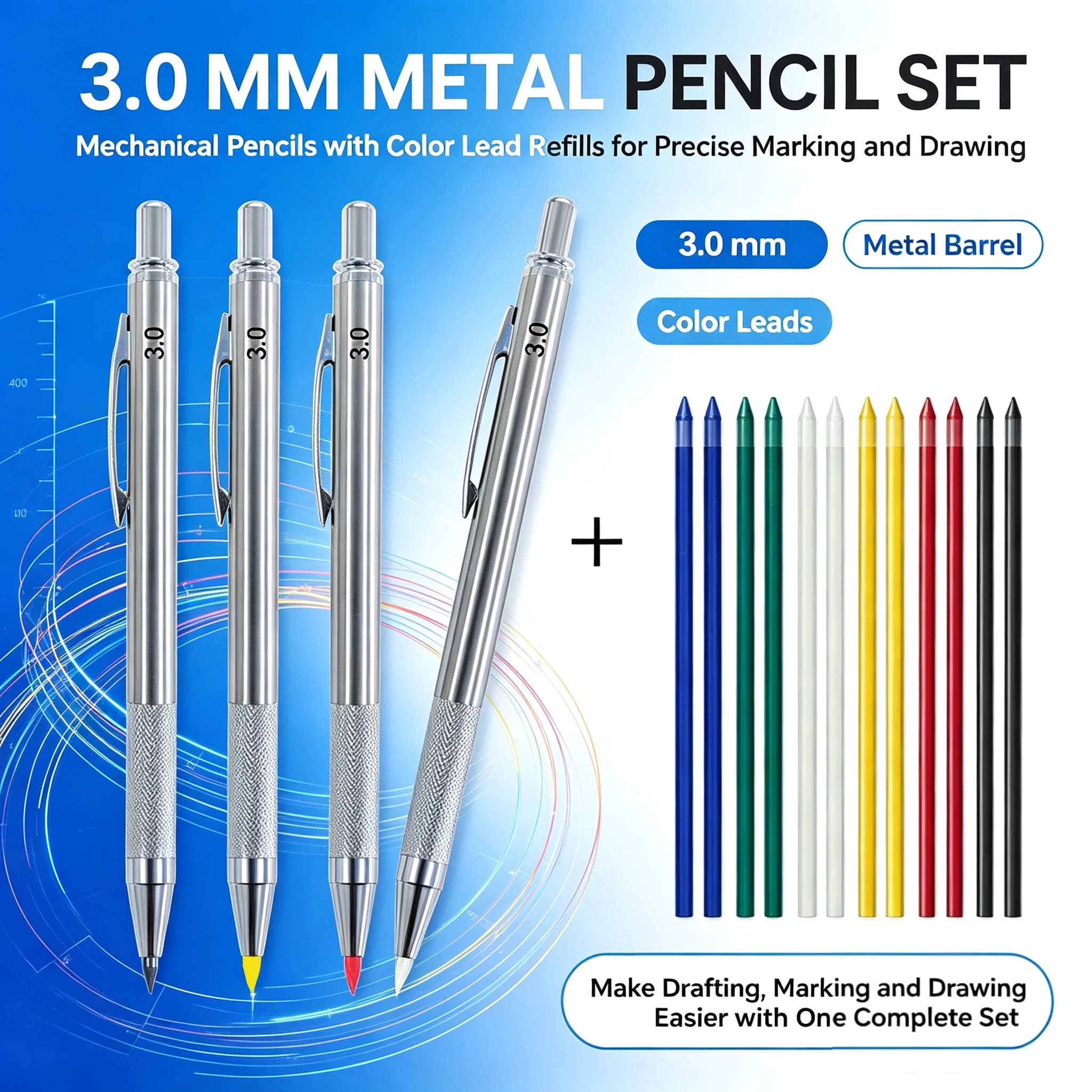 3.0mm Metal Mechanical Pencil Set, Painting Automatic Pencil With Lead Refills for Drafting Drawing Art Stationery Supplies