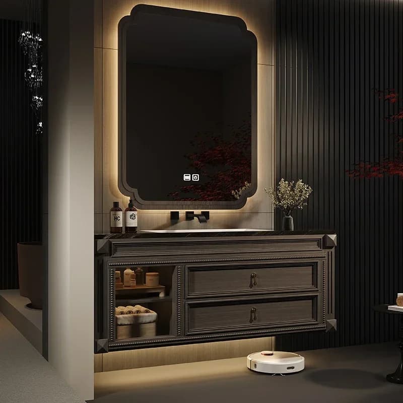 Mobiletto da Bagno Universale con Specchio, Organizzatore Minimalista in Legno, Arredo Estetico per Hotel
