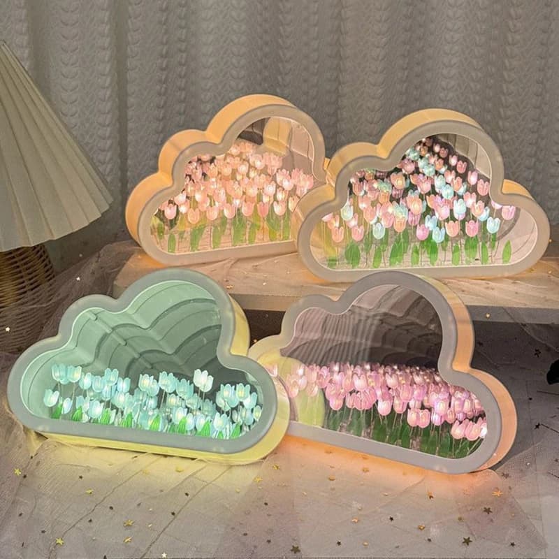 Handmade DIY Tulip Flower Sea Night Atmosphere Lamp Clouds Tulip Lamp LED Night Light Mirror Table Lamp Bedroom Decor Lights