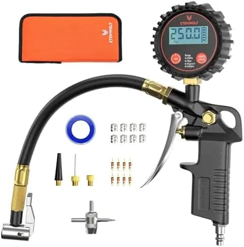 ETENWOLF T500 Gonfiatore e Manometro Digitale per Pneumatici 0-250 PSI – Certificato ANSI B40.7, con Attacco per Aria, Borsa per il Trasporto – Nero