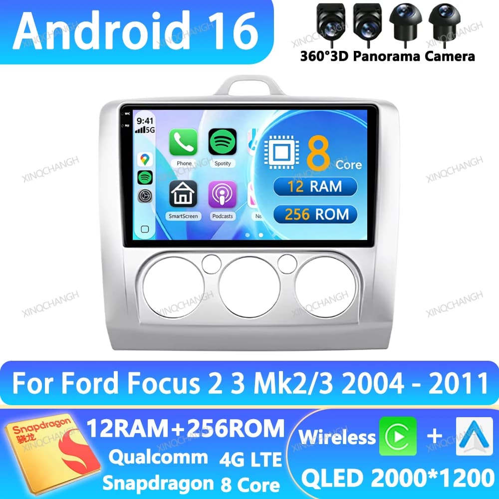 Android 16 Car Radio For Ford Focus 2 3 Mk2 Mk3 2004 2005 - 2011 BT Navigation 4G LTE 5G WIFI QLED Qualcomm GPS 2DIN Head Unit