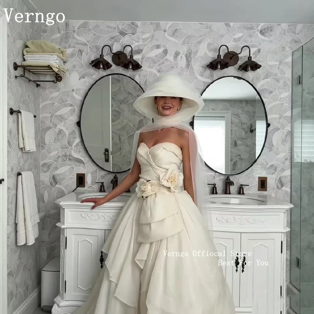 Verngo Elegant Strapless Satin Wedding Dress Pleated Ruffle Tiered A Line Bridal Gown No flowers Bride Dress Customized