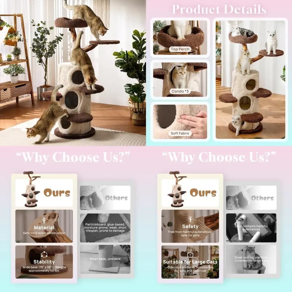 albero per gatti contemporaneo in legno a 3 livelli con casa di lusso per la decorazione domestica e vivere multi-gatti