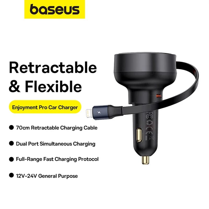 Baseus Enjoyment Pro Car Charger C+Retractable C For iPhone Cable 55W 60W Cluster Black