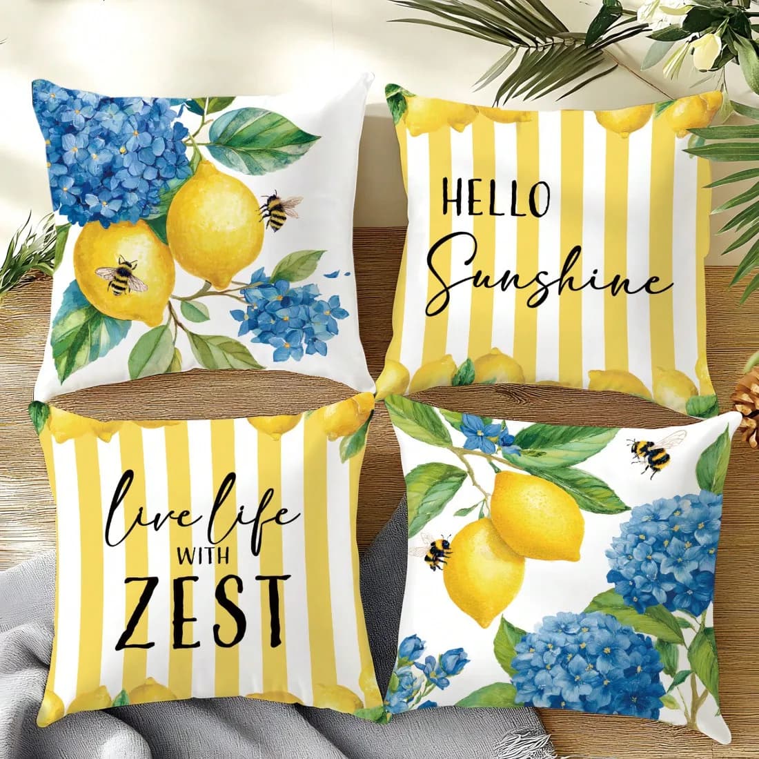 4 pezzi, fodere per cuscini estive con motivo limone, ape e ortensia, monofacciali, chiusura con cerniera, in poliestere lavabile - perfette per divano, soggiorno, decorazione della camera da letto, cuscini decorativi.