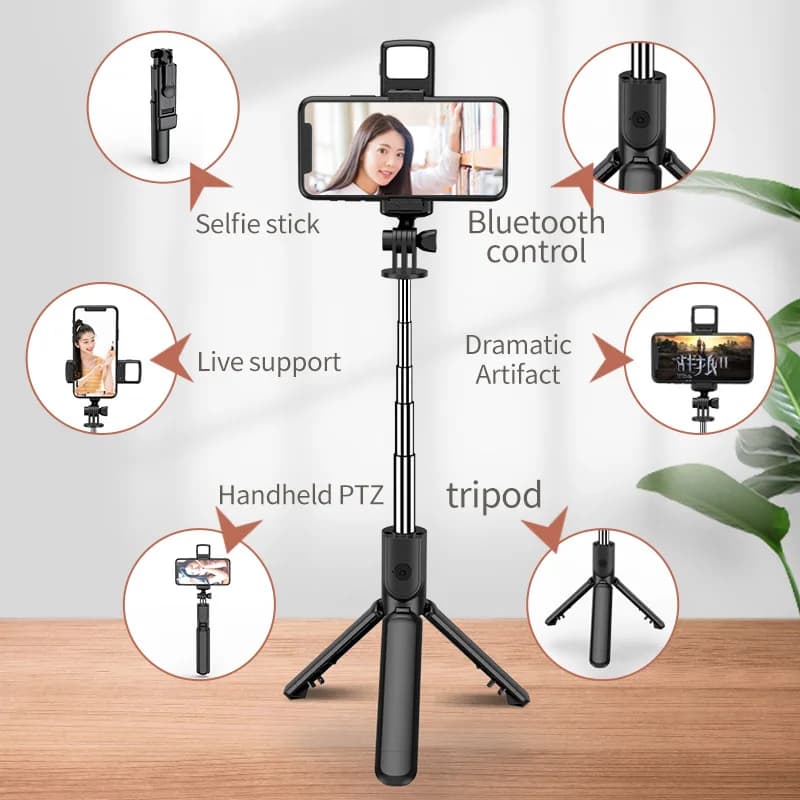 Supporto per telefono cellulare in Streaming Live supporto per telefono Selfie Stick treppiede retrattile portatile con luce Selfie per IPone 14 Huawei