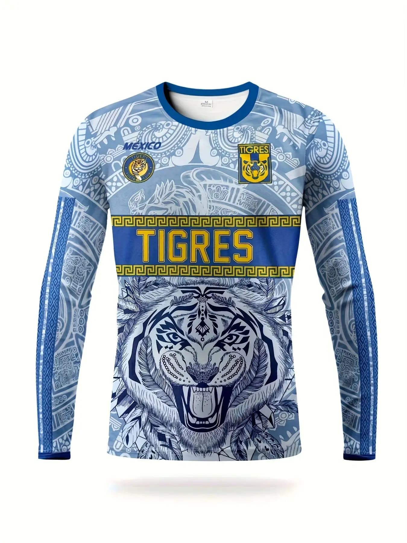 Maglia da Calcio Messicana da Uomo a Maniche Lunghe con Strisce di Tigre e Design Azteco, Ideale per Partite di Calcio e Regali Speciali per i Tifosi