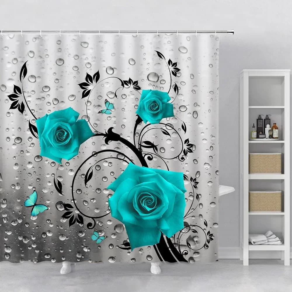Set di tende da doccia con fiori Orchidea Teal Rose Pianta con foglie floreali Stampa Decorazioni per il bagno Tenda da bagno in tessuto Accessori per vasca da bagno Gancio