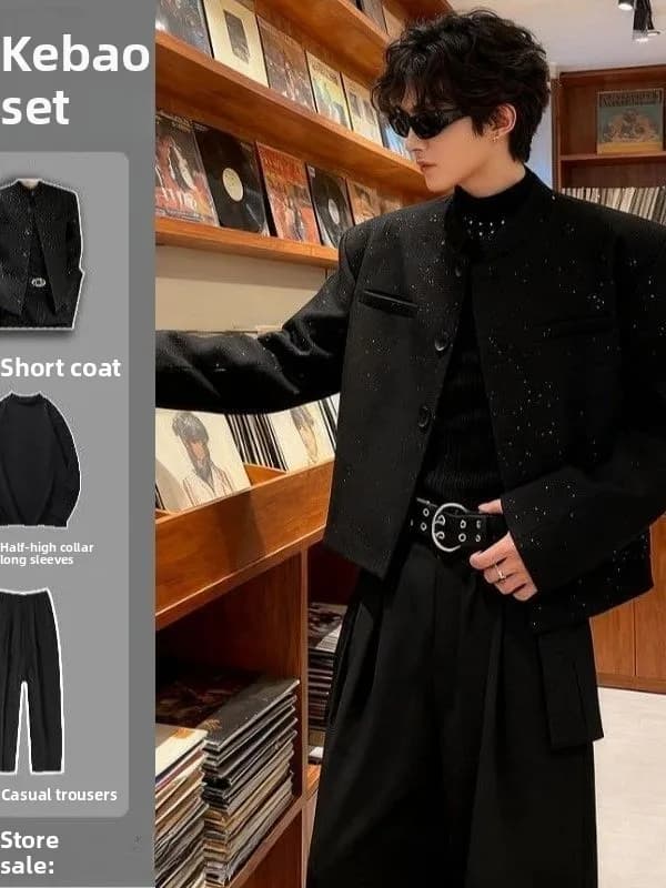 Men's Short Jacket with Spalline, Rialzato Collection, Three Pieces Luxury Set for Nightclub, Polyester, Long Sleeves, Pants