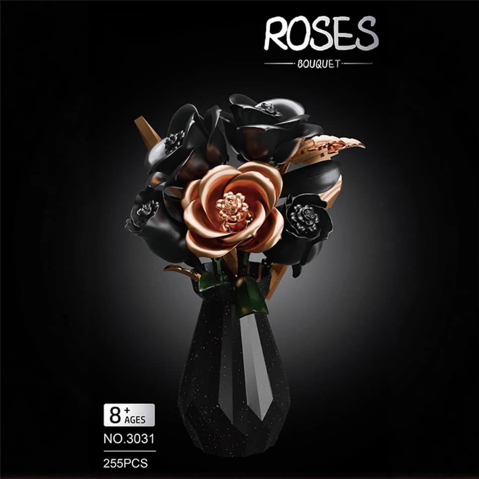 Blocchi di Costruzione Rosa Nera e Bianca con Vaso, Giocattolo Educativo DIY, Modello di Fiore Trendy, Decorazione da Scrivania, Regalo per Ragazze