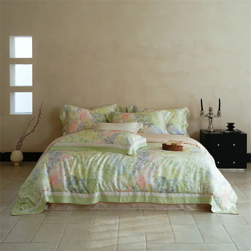 Set di Biancheria da Letto di Lusso 100% Seta di Gelso, 4 Pezzi, Copripiumino con Stampa Floreale, Lenzuolo, Federe, Misura Queen e King