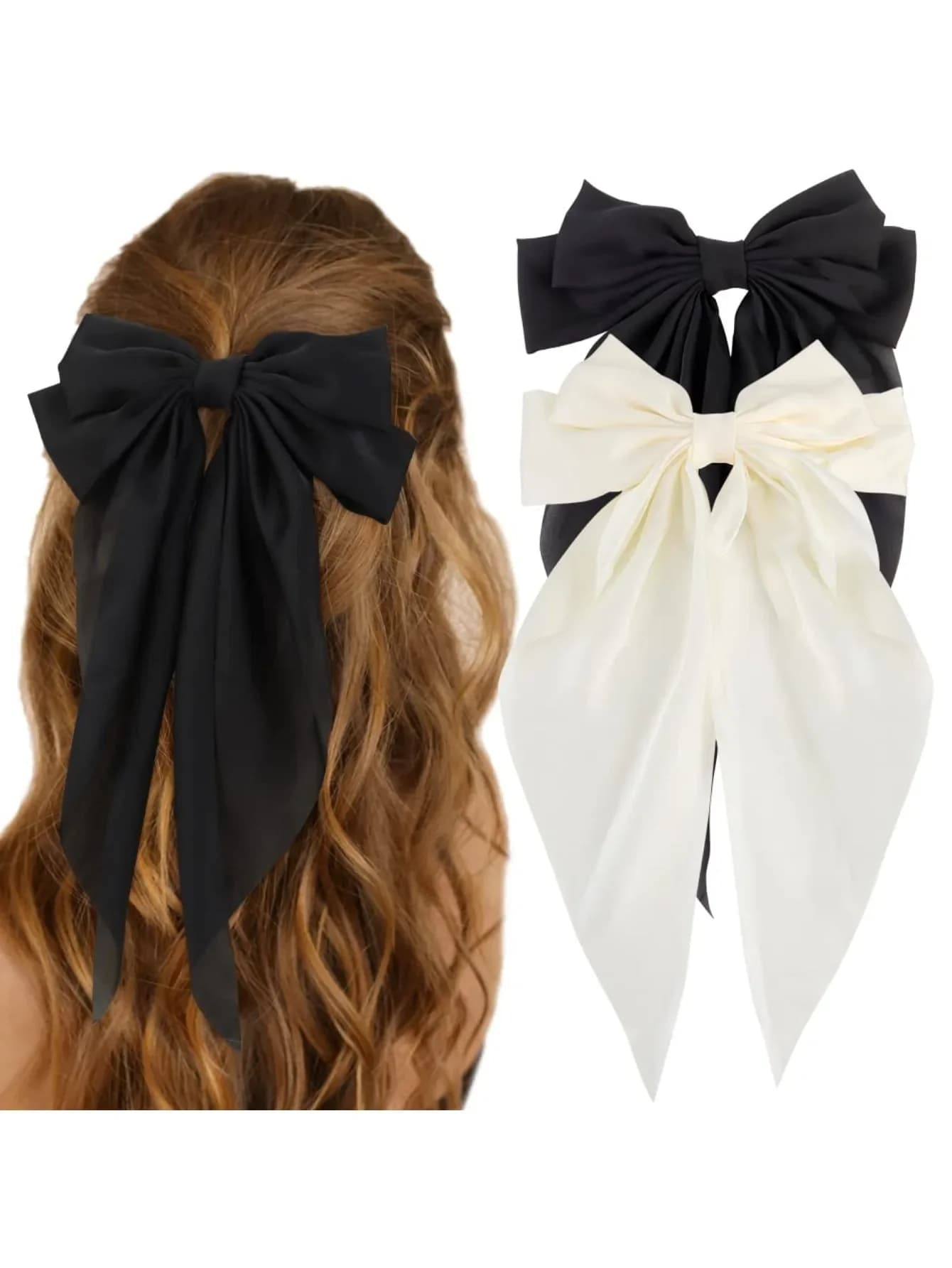2 Pezzi Fiocco per Capelli in Raso Setoso, Fascia per Capelli Grande da Donna, Fiocco Nero, Fermaglio per Capelli Grande, Fiocco con Clip in Metallo