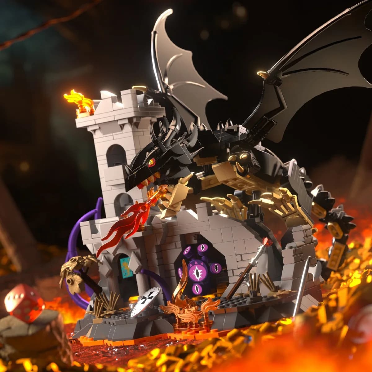 MOC 919PCS Dungeons Fire Dragons Model Building Blocks Set Treasure Guard Adventure Castle Street View Bricks DIY Toys Kid Gifts