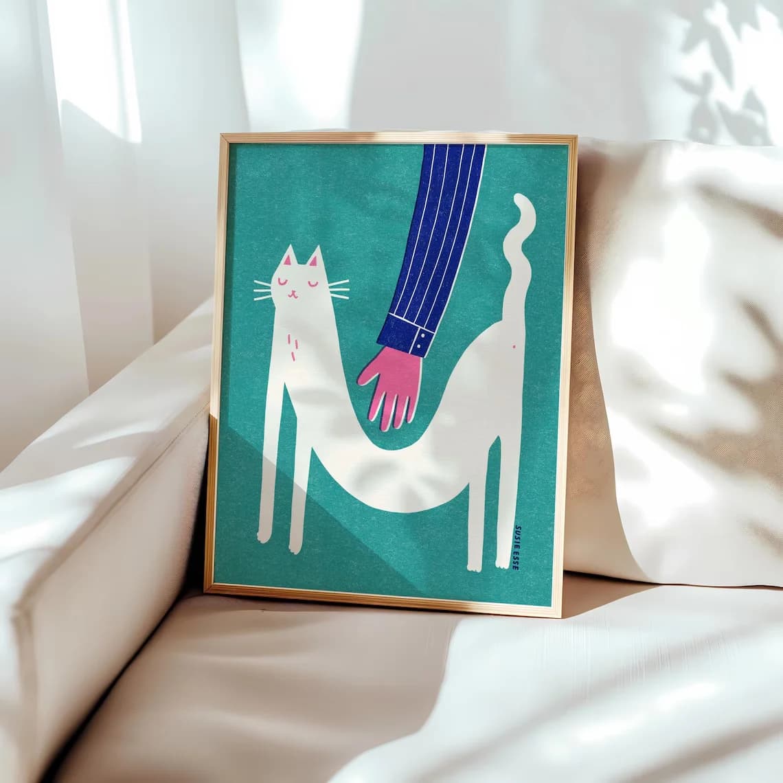Modernist Cat Petting Wall Art - Stylized Graphic Print Evoking the Calm of a Content Cat, with a bold color palette of teal,