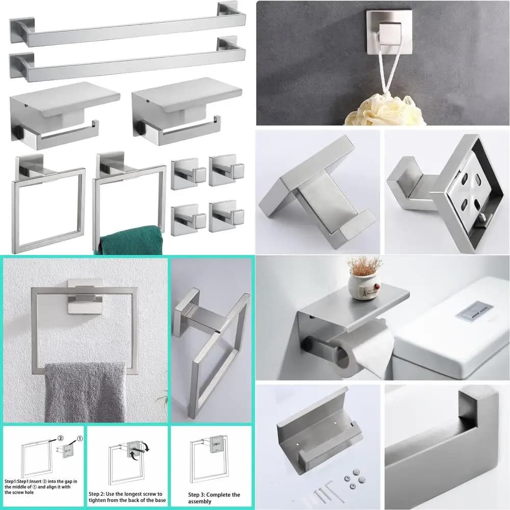 Set portasciugamani quadrato moderno da 10 pezzi in nichel spazzolato - Accessori hardware da bagno contemporanei in acciaio inossidabile SUS304 con rimorchio
