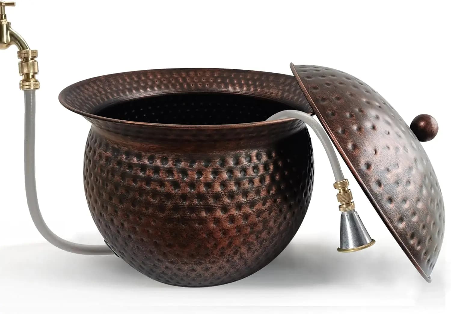 Elegant Garden Hose Holder Pot with Lid - Copper Finish, Rust-Proof, Holds 100ft Hose, Indoor/Outdoor Use