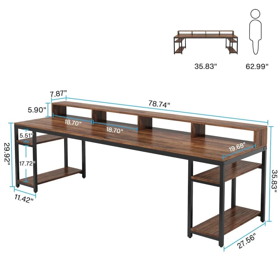 Desk for Two Persons with Monitor Support, Double Desk for Computers from Office 78.74 Inches with Removable Pads, Large Desk for Gaming and Studio