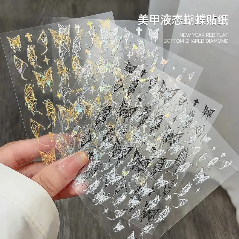 1 pz Laser oro/argento abbronzante farfalla Nail Sticker 3D Holow farfalla Nail Art Decor 8*10cm Holo Gold Butterfly Slider