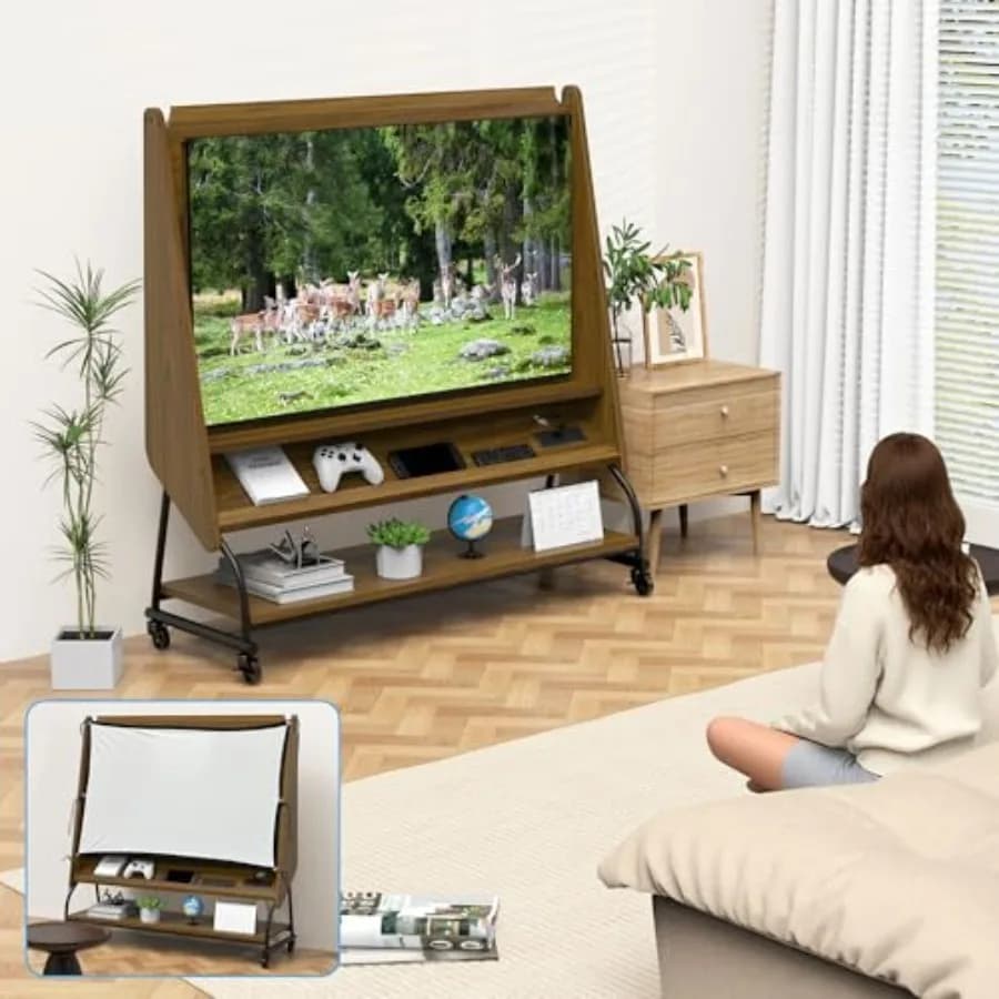 49.21" Walnut Mobile TV Stand with 2-Tier, Projector Screen and Power Outlets, Farmhouse, MDF, Adjustable Rolling Entertainment