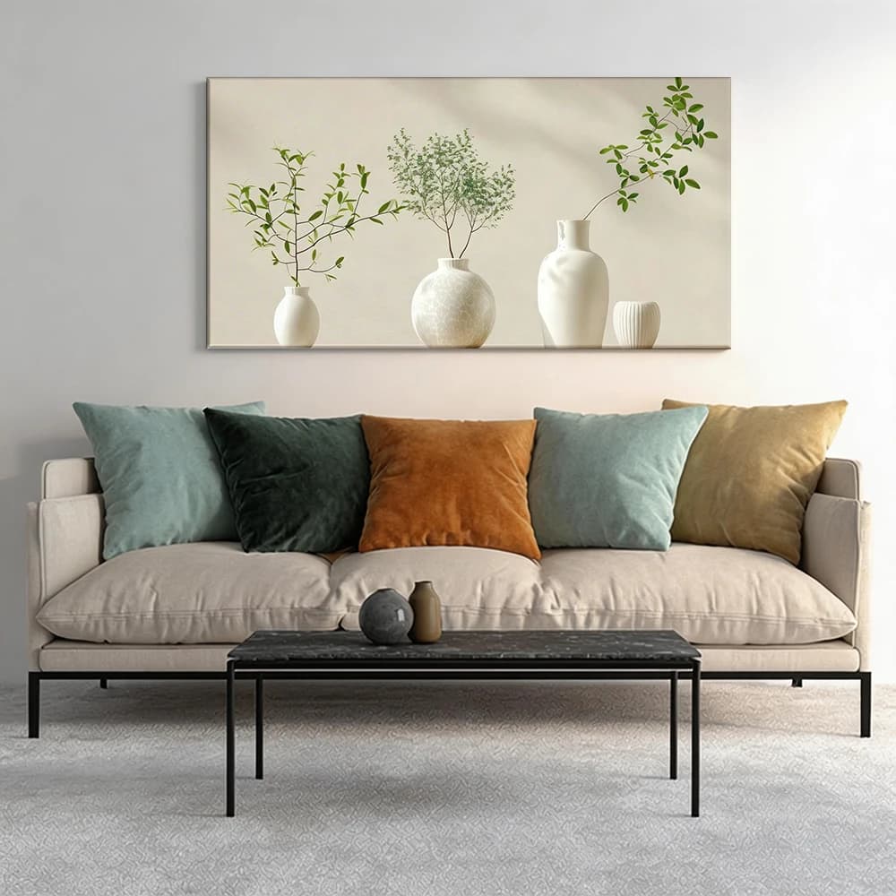 Painted on canvas with large wooden frame, 1 piece, white vases, green branches.