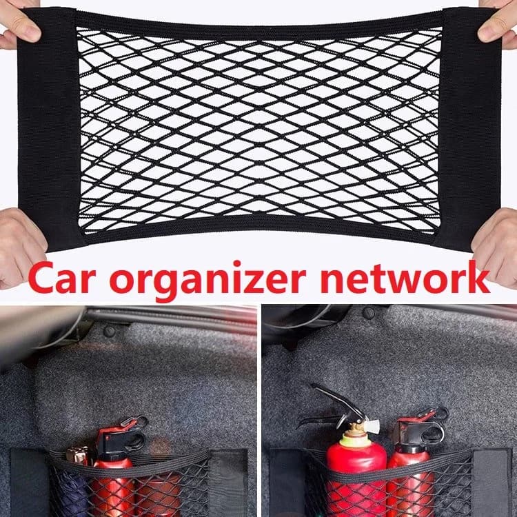 Car Trunk Net Car Double Storage Network Bag Auto Seat Back Fixed Mesh Pocket Universal Car Elastic Velcro Straps Net Organizer