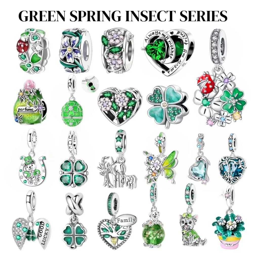 Serie verde primaverile Farfalle Amore Fiori e uccelli Ciondoli a forma di cuore Perline Adatto per bracciale in argento 925 fai da te Collana da donna Regalo per ragazza