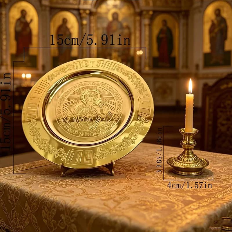 Nuovo Set di Disci Ortodossi Placcati Oro da 15 cm con Piatto Inciso con Theotokos e Portacandele per Altare della Chiesa, Decorazione Religiosa per Liturgia