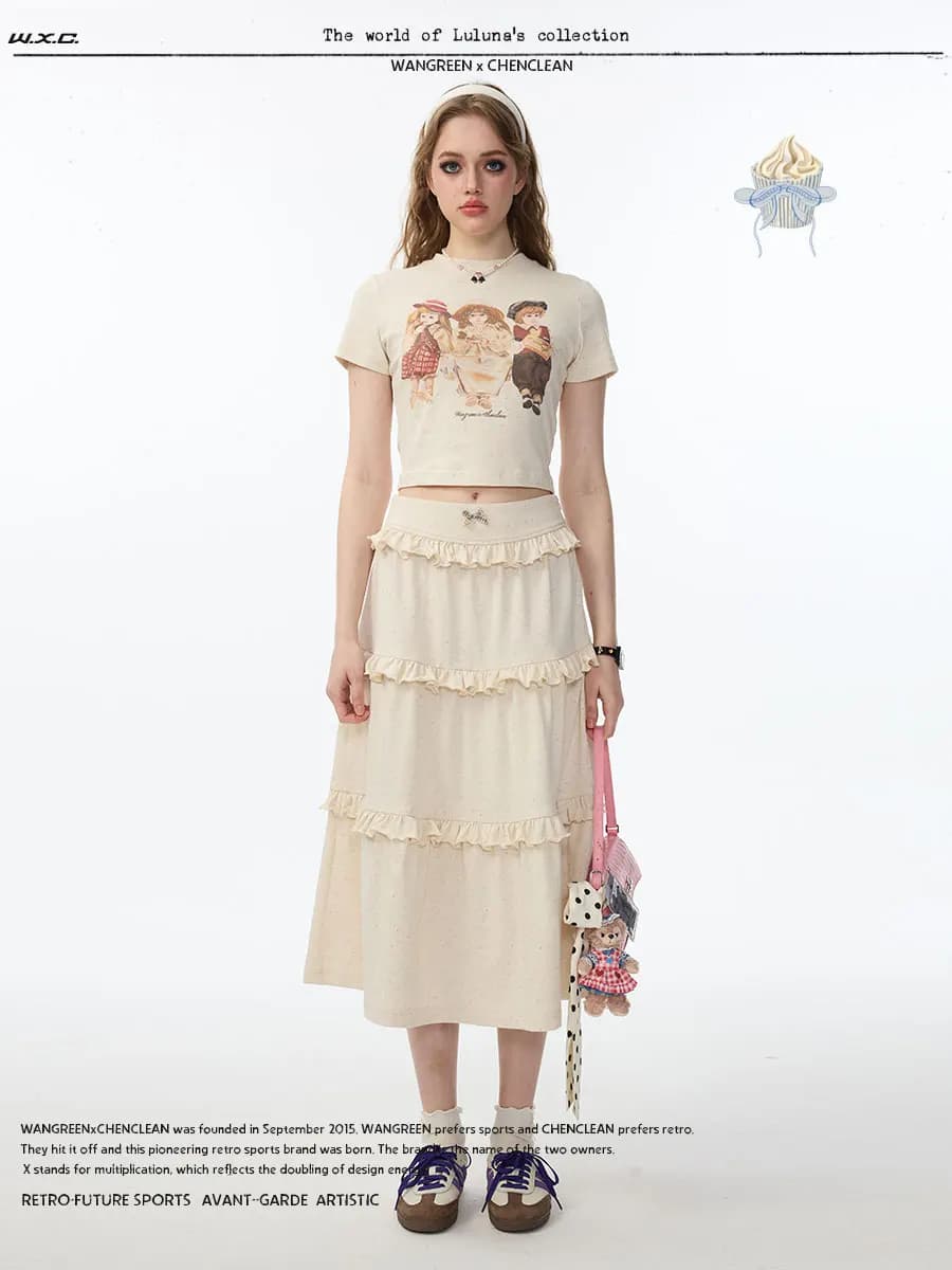 Waneenchen T-shirt da donna in cotone 100% con stampa grafica vintage, stile estivo 2024, con bambola antica e ciondolo