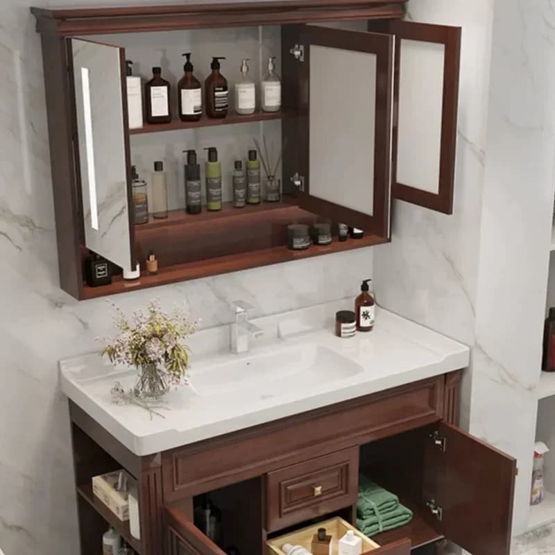 Armadietti da bagno con specchio ausiliario in legno completo, WC chiuso, lavabo di lusso in legno sotto il lavandino, mobili Armadietto da pavimento