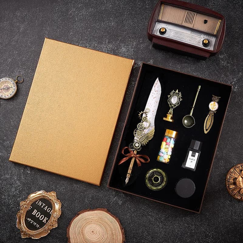 8pcs Machine Feather Pen Set,Wax Seal Stamp&Stick,Bookmark,Ink,Creative Quill Writing Artist Calligraphy Signature Pen 7001