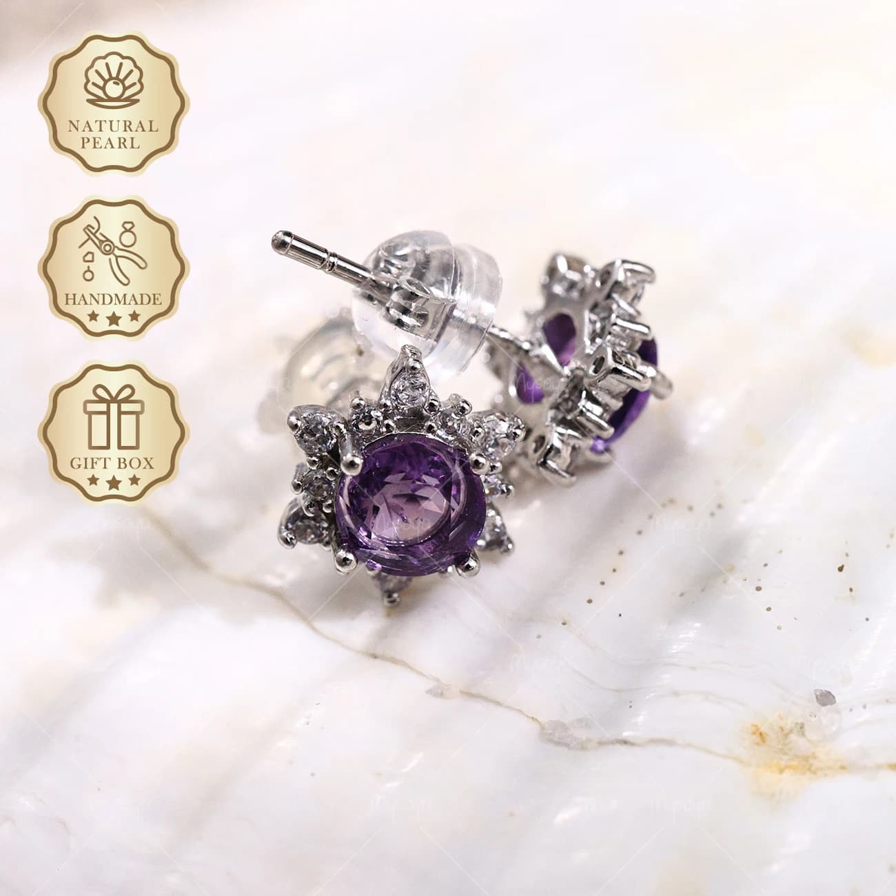 Mysoya Silver Star Earrings Amethyst 5mm 1.49ct Gift Box February Birthstone Birthday Jewelry SC047