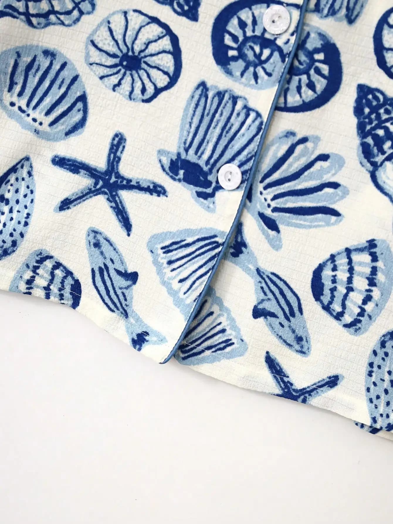 Set Pigiama da Donna in Due Pezzi con Stampa Conchiglie Blu, Maniche Corte e Bottoni, Abbigliamento Casual per Casa