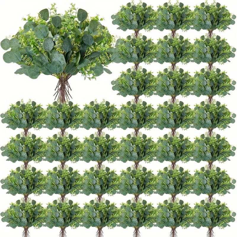 100 Artificial Eucalyptus Branches with White Seeds Artificial Eucalyptus Leaves Green Decorative False Leaf Branches for Wedding Bouquet Center Ornament Floral Farmhouse Home Decoration