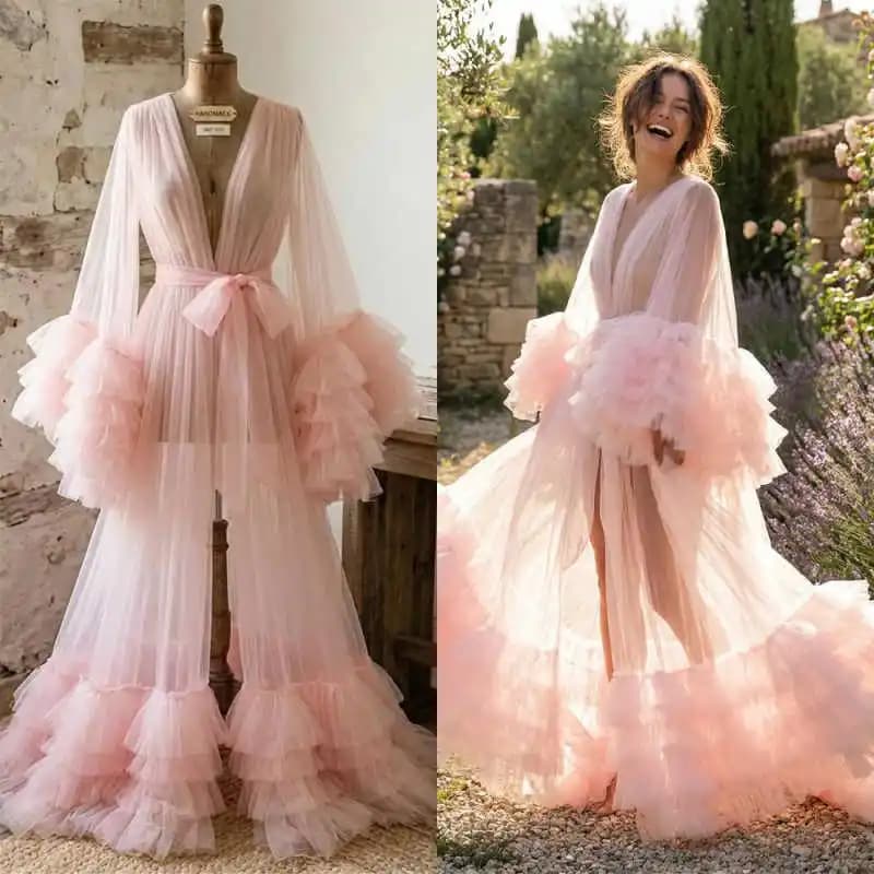 Vintage Pink Women Bathrobe Lounge wear Appliques Lace pregnant woman Clothes Evening Dresses V-Neck Nightgowns Customized