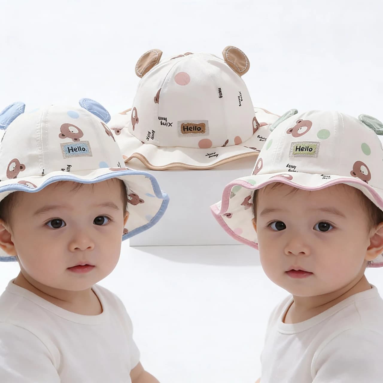 Cute Bear Bucket Hat Cartoon Baby Sunshade Basin Cap Spring Autumn Children Fisherman Caps 0-3Year Toddler Large Brim Sun Hats