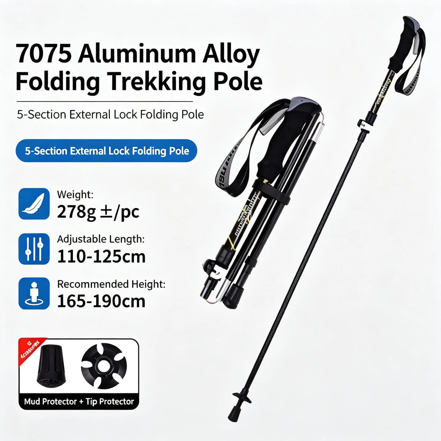 5-Section Foldable 7075 Aluminum Trekking Pole Ultralight Retractable Ultra Short Portable Walking Cane Outdoor Trail Running Ba