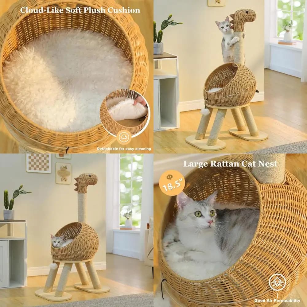 46 Albero per gatti moderno con tiragraffi, casetta per gatti in rattan di 18 diametro, letto in vimini con tappetino rimovibile